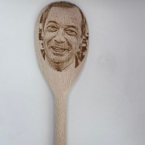 Nigel Farage, wooden spoon, prank gift, British politics, housewarming, political parody, Reform leader, Prime Minister, cook, kitchen, gift