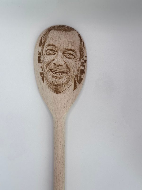 Nigel Farage, wooden spoon, prank gift, British politics, housewarming, political parody, Reform leader, Prime Minister, cook, kitchen, gift