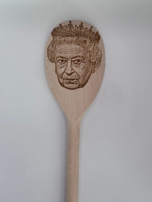 Queen Elizabeth's Face Engraved on a Wooden Spoon (30cm), Birthday, Christmas Gift. British Royal Family. Buckingham Palace