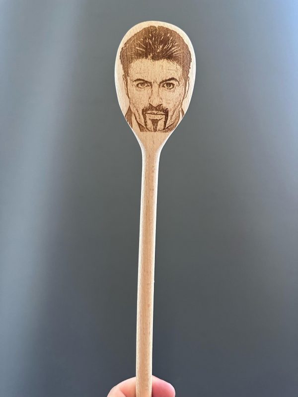 George Michaels's Face Engraved on a Wooden Spoon (30cm), Birthday, Christmas Gift, stocking filler, funny novelty item